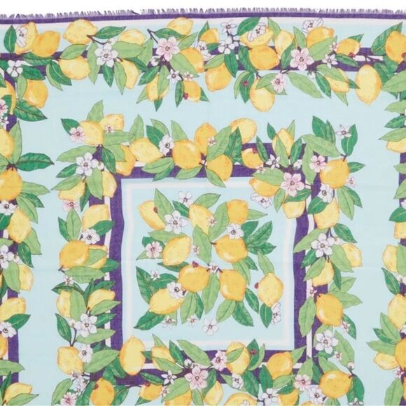 Vera Bradley Lemon Grove Blue Yellow Green Purple White Blossoms Fringe Scarf - Picture 3 of 12